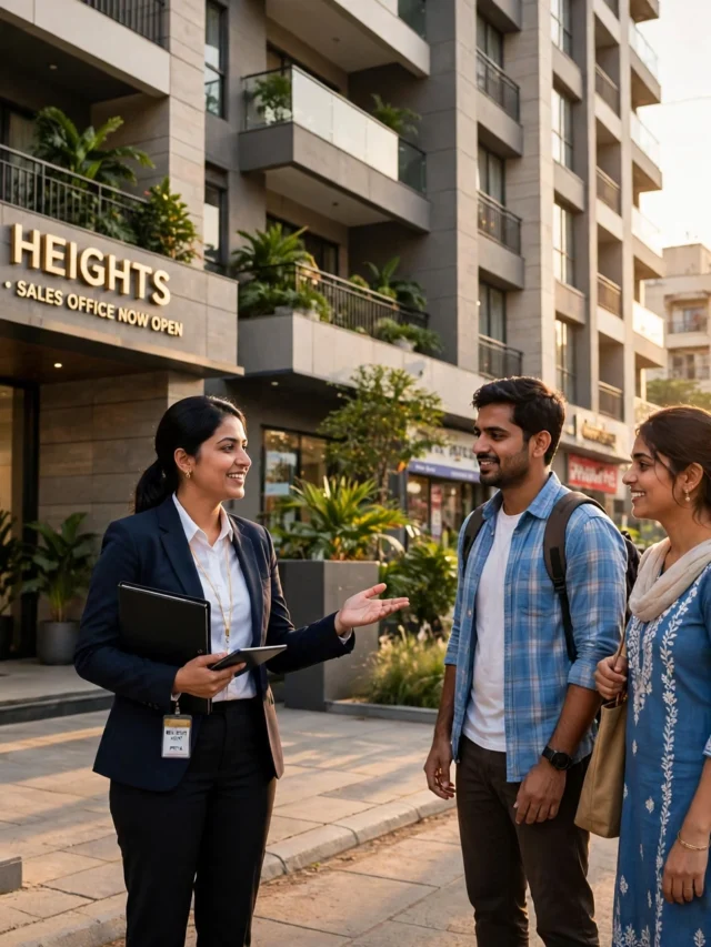 Modern apartment building in India with a real estate agent showing a couple the property