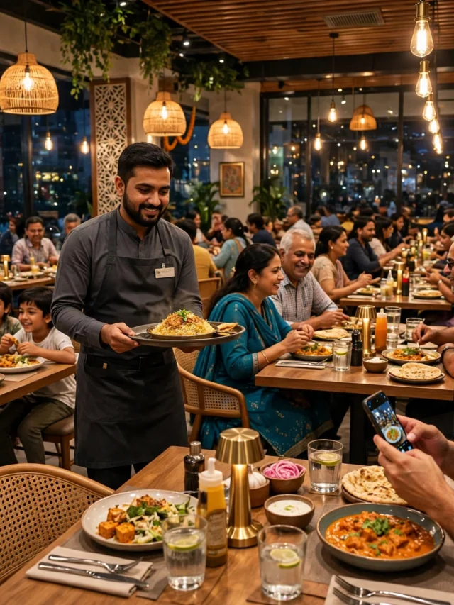Busy modern Indian restaurant full of happy customers in the evening