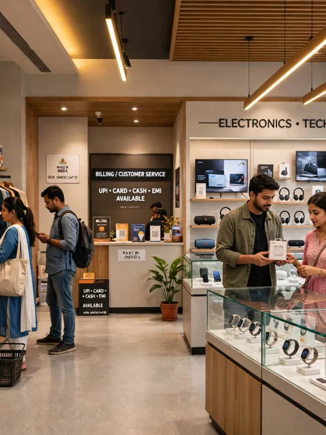 Bright modern retail showroom in India with customers browsing products