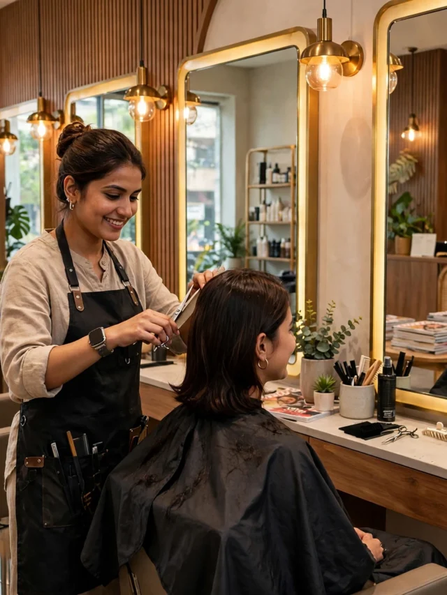 Modern salon interior in India with a stylist working on a happy client