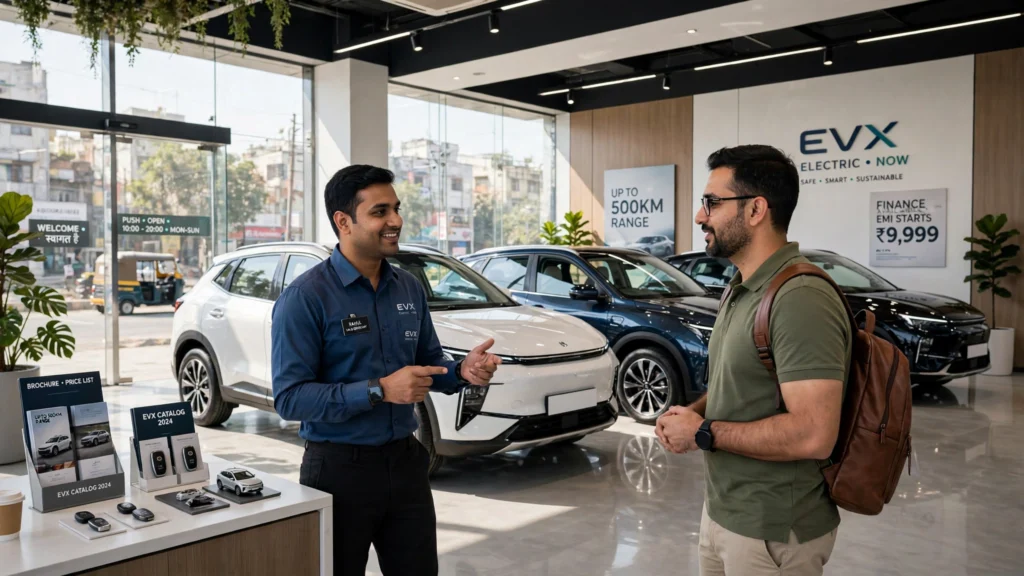 Modern car showroom in India with a salesman showing new cars to a customer