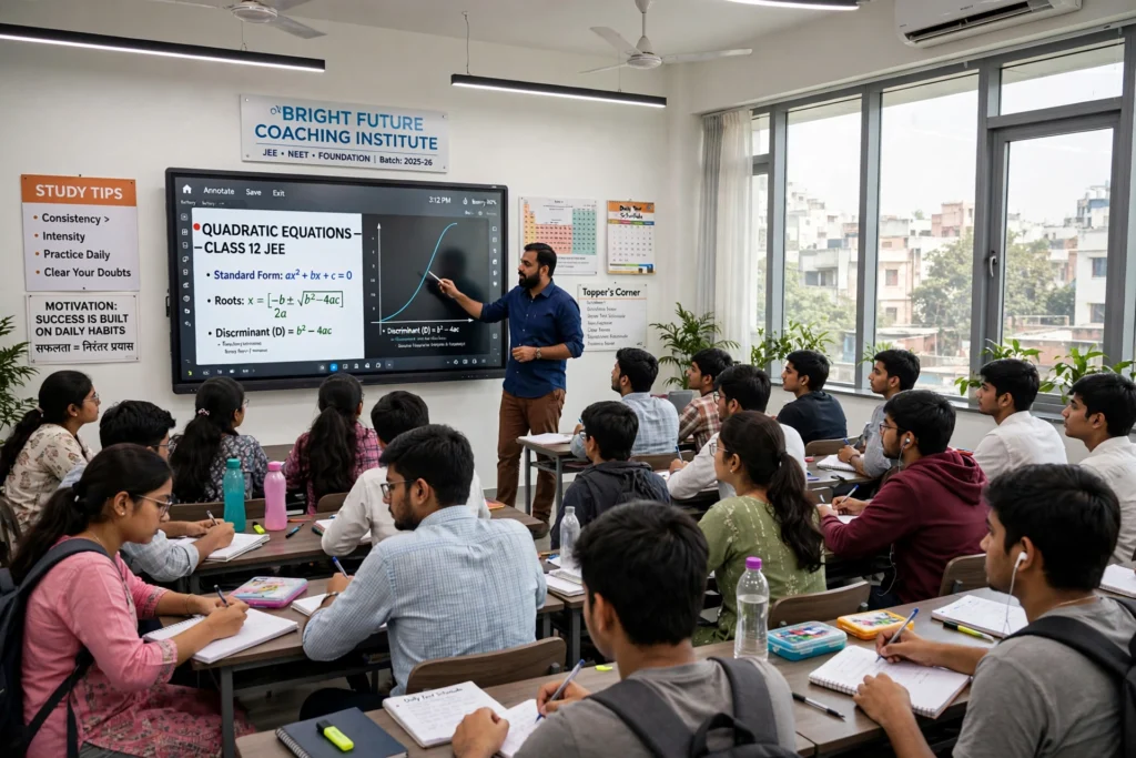 Students learning in a bright modern coaching institute classroom in India