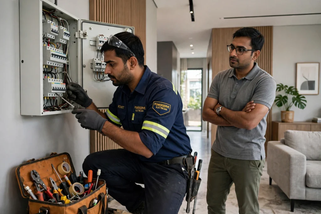 Professional electrician in India fixing a panel while a homeowner watches