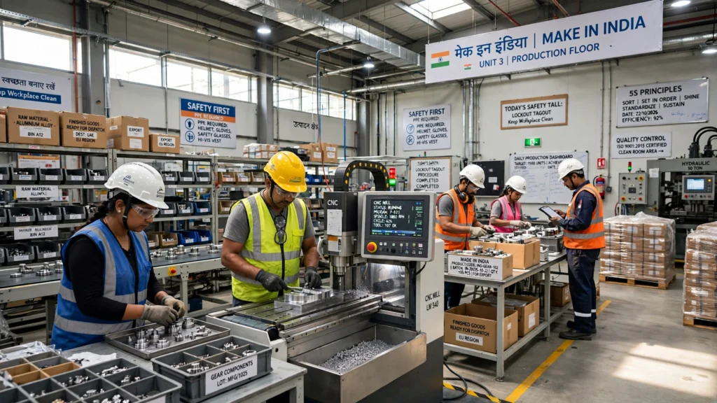Modern Indian manufacturing factory floor with workers and machinery producing goods