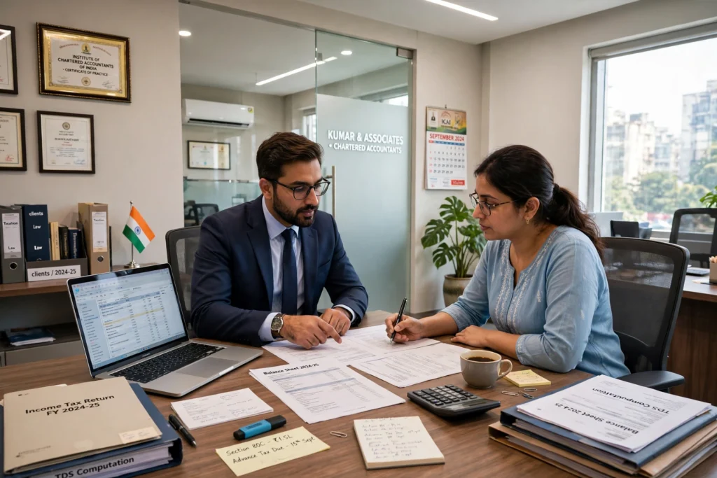 Professional chartered accountant office in India with advisor meeting a client