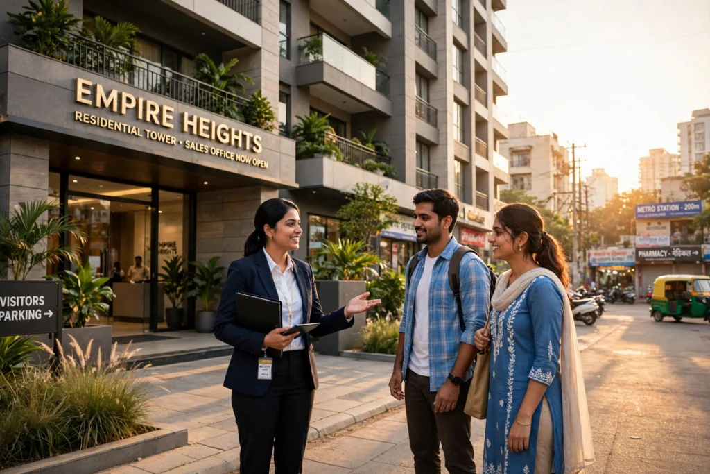 Modern apartment building in India with a real estate agent showing a couple the property