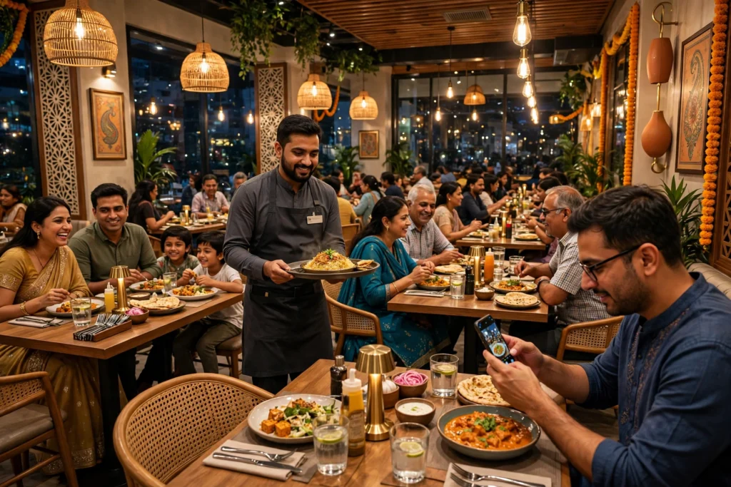 Busy modern Indian restaurant full of happy customers in the evening