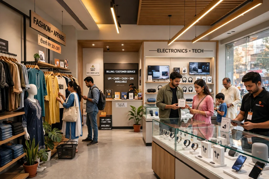 Bright modern retail showroom in India with customers browsing products