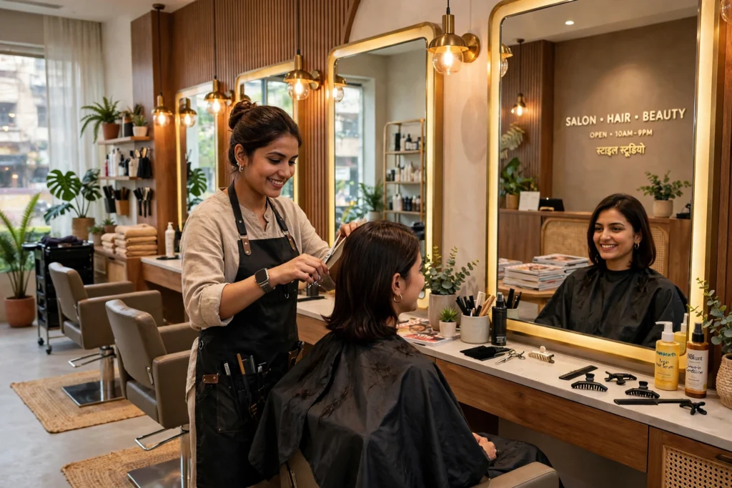Modern salon interior in India with a stylist working on a happy client