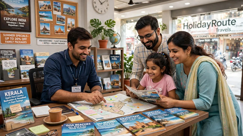 Indian family planning a holiday trip with a travel agent looking at maps and brochures
