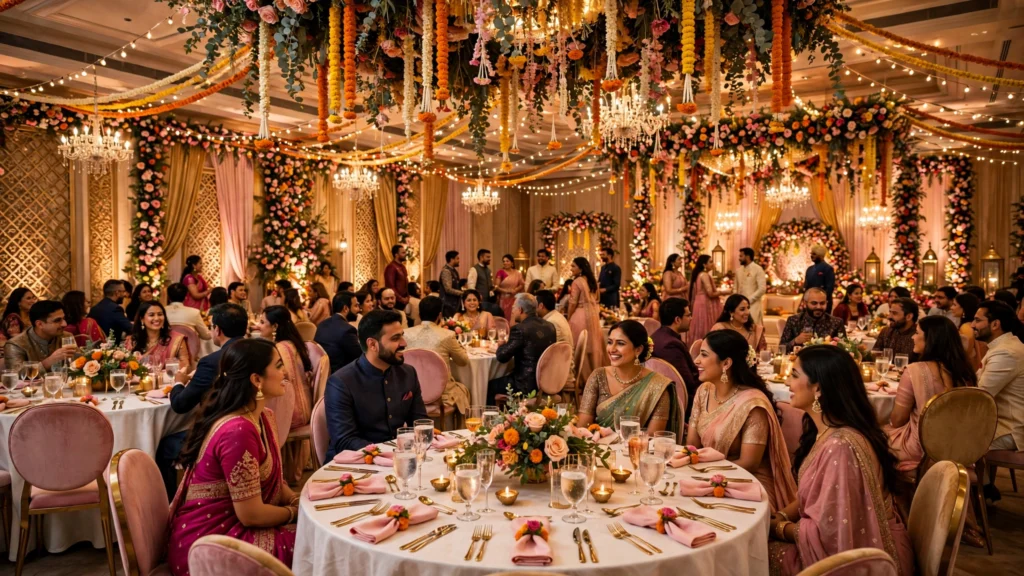 Beautifully decorated Indian wedding banquet hall with floral arrangements and warm lights